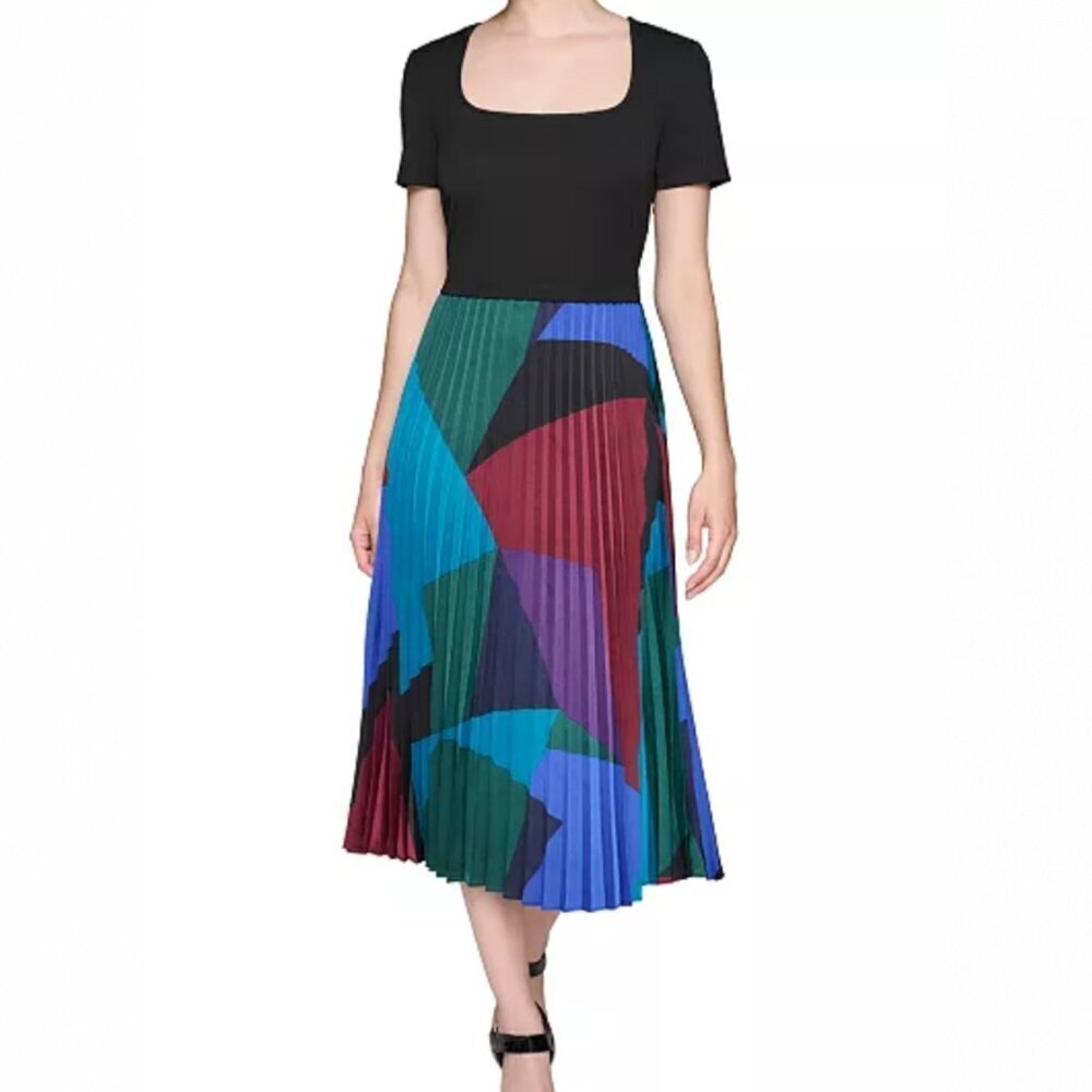 KARL LAGERFELD PARIS Women's Mixed-Media Printed Pleated Dress